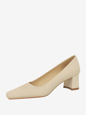 レディース ミッドローヒール スリッポン スクエアトゥ チャンキーヒール デイリーカジュアルパンプス ブラック