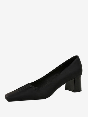 レディース ミッドローヒール スリッポン スクエアトゥ チャンキーヒール デイリーカジュアルパンプス ブラック