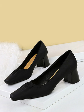 ブラック レディース ミッドローヒール スリッポン スクエアトゥ チャンキーヒール デイリーカジュアルパンプス ブラック