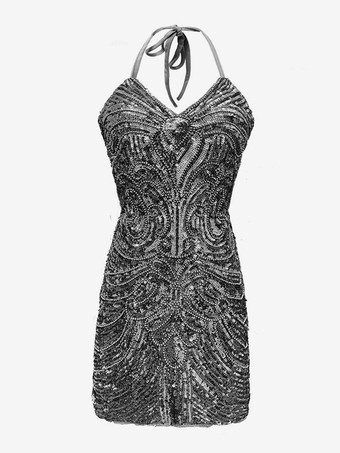 グレイ1970年代のラテンダンスドレス、ホワイトフリンジスパンコールバックレスセットセクシードレス