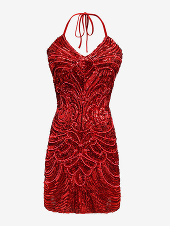 レッド 1970年代のラテンダンスドレス、ホワイトフリンジスパンコールバックレスセットセクシードレス