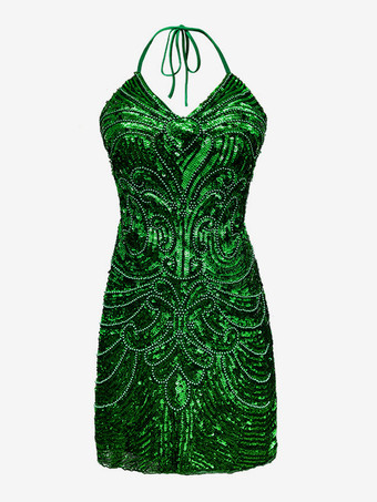 グリーン 1970年代のラテンダンスドレス、ホワイトフリンジスパンコールバックレスセットセクシードレス