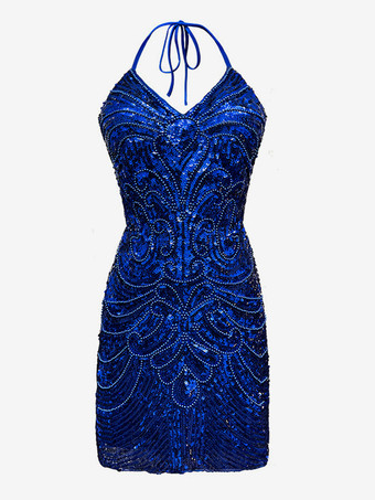 ブルー 1970年代のラテンダンスドレス、ホワイトフリンジスパンコールバックレスセットセクシードレス