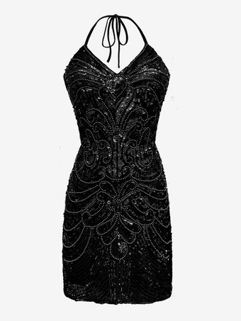 ブラック 1970年代のラテンダンスドレス、ホワイトフリンジスパンコールバックレスセットセクシードレス