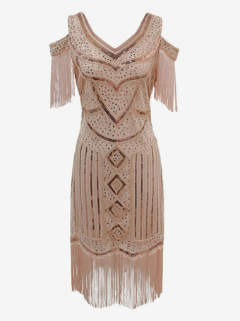 ピンク1920年代フラッパーコスチュームレトロレディース半袖ドレスエレガントセット バーガンディ