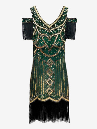 グリーン 1920年代フラッパーコスチュームレトロレディース半袖ドレスエレガントセット バーガンディ