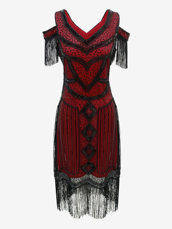 ワインレッド 1920年代フラッパーコスチュームレトロレディース半袖ドレスエレガントセット バーガンディ