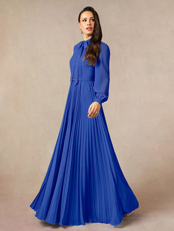 ロイヤルブルーブライダルマザードレス デザインネックライン 長袖 Aライン リボン フロアレングス ゲストドレス 結婚式用