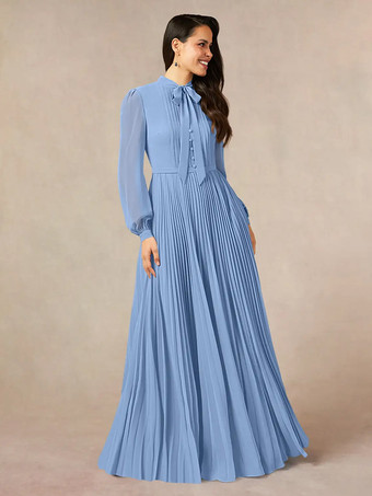 スカイブルー ブライダルマザードレス デザインネックライン 長袖 Aライン リボン フロアレングス ゲストドレス 結婚式用