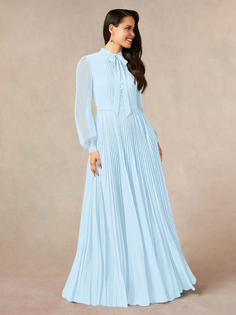 ベビーブルーブライダルマザードレス デザインネックライン 長袖 Aライン リボン フロアレングス ゲストドレス 結婚式用