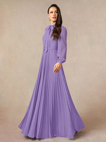 バイオレットブライダルマザードレス デザインネックライン 長袖 Aライン リボン フロアレングス ゲストドレス 結婚式用