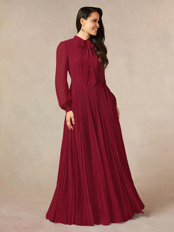 レッド ブライダルマザードレス デザインネックライン 長袖 Aライン リボン フロアレングス ゲストドレス 結婚式用