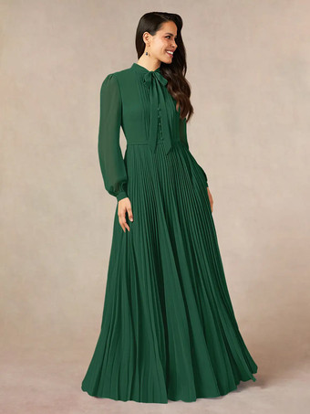 グリーン ブライダルマザードレス デザインネックライン 長袖 Aライン リボン フロアレングス ゲストドレス 結婚式用