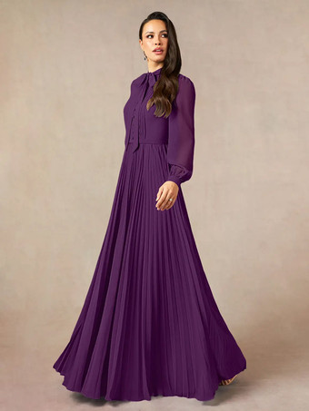 プラムブライダルマザードレス デザインネックライン 長袖 Aライン リボン フロアレングス ゲストドレス 結婚式用