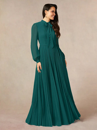 ブルーグリーンブライダルマザードレス デザインネックライン 長袖 Aライン リボン フロアレングス ゲストドレス 結婚式用