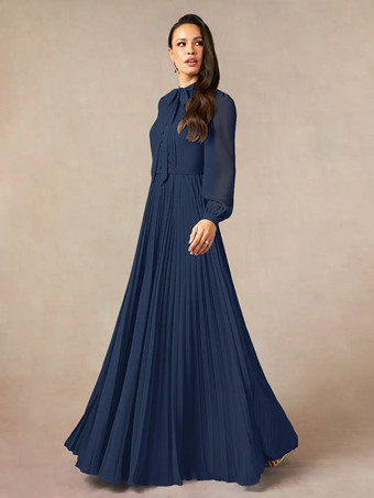 ダークネイビーブライダルマザードレス デザインネックライン 長袖 Aライン リボン フロアレングス ゲストドレス 結婚式用