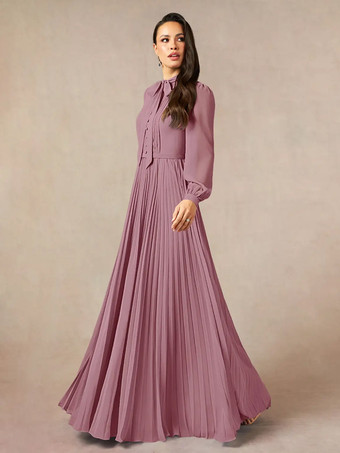 サーモンピンクブライダルマザードレス デザインネックライン 長袖 Aライン リボン フロアレングス ゲストドレス 結婚式用