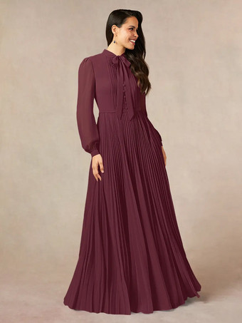 エンバーレッドブライダルマザードレス デザインネックライン 長袖 Aライン リボン フロアレングス ゲストドレス 結婚式用