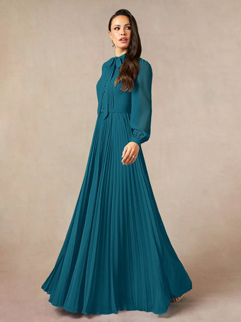 シアンブライダルマザードレス デザインネックライン 長袖 Aライン リボン フロアレングス ゲストドレス 結婚式用