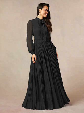 ブラックブライダルマザードレス デザインネックライン 長袖 Aライン リボン フロアレングス ゲストドレス 結婚式用