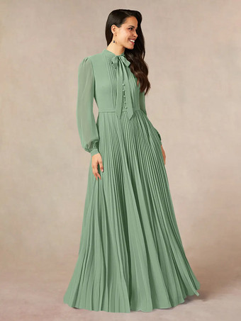 セージグリーンブライダルマザードレス デザインネックライン 長袖 Aライン リボン フロアレングス ゲストドレス 結婚式用