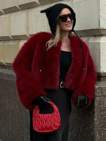 レッド フェイクファーコート レッド ウエスト上げ 長袖 レディースコート