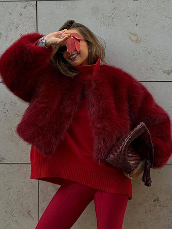 フェイクファーコート レッド ウエスト上げ 長袖 レディースコート