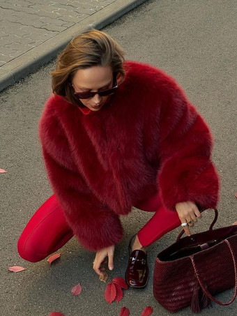 フェイクファーコート レッド ウエスト上げ 長袖 レディースコート
