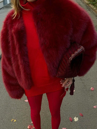 フェイクファーコート レッド ウエスト上げ 長袖 レディースコート