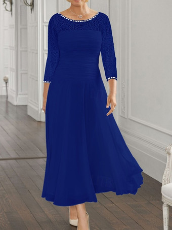 ダズリンブルー花嫁の母親のためのパーティードレス ジュエルネック 長袖 Aライン レース 結婚式用ゲストドレス