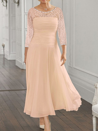 ソフトピンク花嫁の母親のためのパーティードレス ジュエルネック 長袖 Aライン レース 結婚式用ゲストドレス