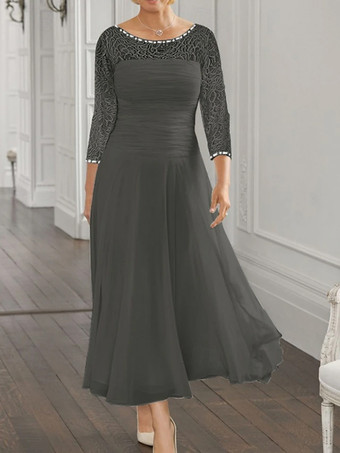 ダークグレー 花嫁の母親のためのパーティードレス ジュエルネック 長袖 Aライン レース 結婚式用ゲストドレス