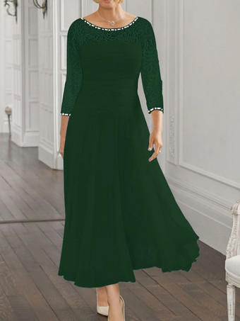 ダークグリーン花嫁の母親のためのパーティードレス ジュエルネック 長袖 Aライン レース 結婚式用ゲストドレス