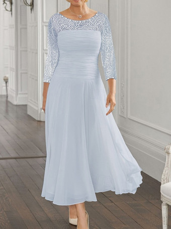 ベビーブルー花嫁の母親のためのパーティードレス ジュエルネック 長袖 Aライン レース 結婚式用ゲストドレス