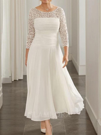 アイボリー花嫁の母親のためのパーティードレス ジュエルネック 長袖 Aライン レース 結婚式用ゲストドレス