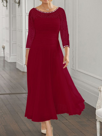 エンバーレッド花嫁の母親のためのパーティードレス ジュエルネック 長袖 Aライン レース 結婚式用ゲストドレス