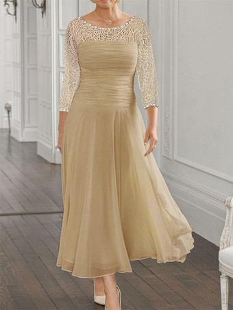 シャンパン花嫁の母親のためのパーティードレス ジュエルネック 長袖 Aライン レース 結婚式用ゲストドレス