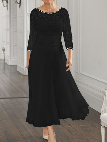ブラック花嫁の母親のためのパーティードレス ジュエルネック 長袖 Aライン レース 結婚式用ゲストドレス