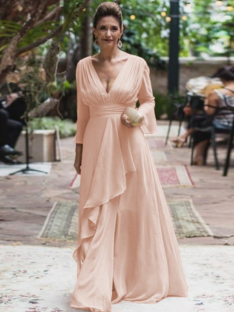 ソフトピンク花嫁の母親のためのパーティードレス Vネック 長袖 Aライン フリル フロアレングス ウェディングゲストドレス