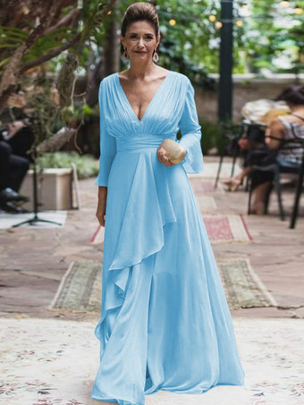 スカイブルー 花嫁の母親のためのパーティードレス Vネック 長袖 Aライン フリル フロアレングス ウェディングゲストドレス