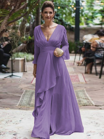 バイオレット花嫁の母親のためのパーティードレス Vネック 長袖 Aライン フリル フロアレングス ウェディングゲストドレス