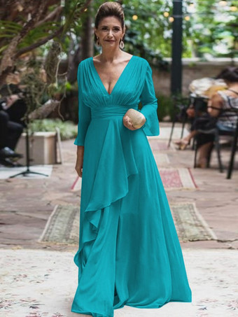 ターコイズグリーン花嫁の母親のためのパーティードレス Vネック 長袖 Aライン フリル フロアレングス ウェディングゲストドレス