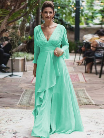 ミントグリーン花嫁の母親のためのパーティードレス Vネック 長袖 Aライン フリル フロアレングス ウェディングゲストドレス