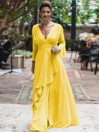 イエロー花嫁の母親のためのパーティードレス Vネック 長袖 Aライン フリル フロアレングス ウェディングゲストドレス