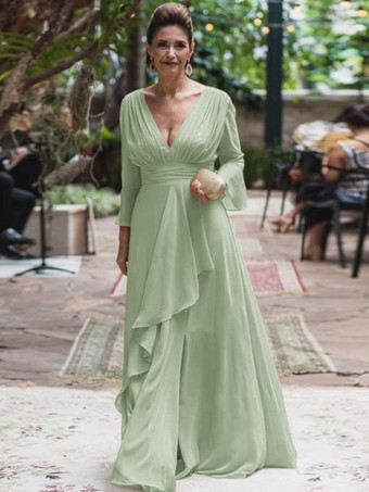 セージグリーン花嫁の母親のためのパーティードレス Vネック 長袖 Aライン フリル フロアレングス ウェディングゲストドレス