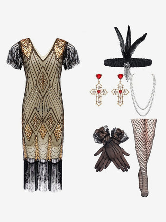 アプリコット1920年代のコスチューム ゴールド スパンコール フリンジ エレガント セット フラッパー ドレス セット バーガンディ