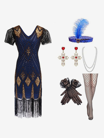 ディープブルー1920年代のコスチューム ゴールド スパンコール フリンジ エレガント セット フラッパー ドレス セット バーガンディ