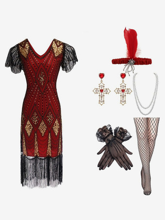 レッド 1920年代のコスチューム ゴールド スパンコール フリンジ エレガント セット フラッパー ドレス セット バーガンディ