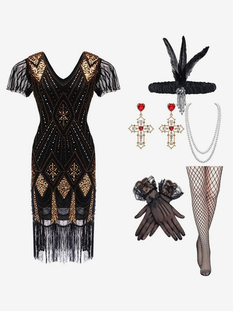 ゴールド 1920年代のコスチューム ゴールド スパンコール フリンジ エレガント セット フラッパー ドレス セット バーガンディ