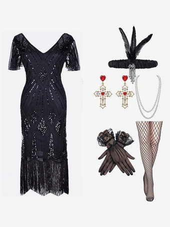 ブラック 1920年代のコスチューム ゴールド スパンコール フリンジ エレガント セット フラッパー ドレス セット バーガンディ